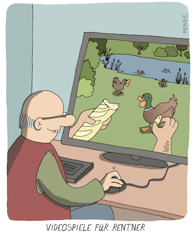 Renter spielt am Computer das Game "Enten füttern"